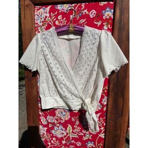 Vintage Ivory Eyelet Dainty Prairie Women's Short Sleeve Wrap Blouse Size L